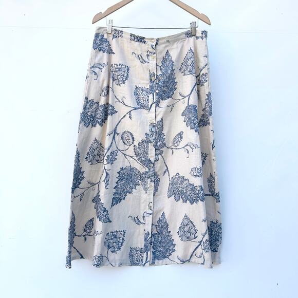 Vintage Ralph Lauren 90s Linen Button Front Midi Skirt Blue Floral 14 French - Picture 2 of 8